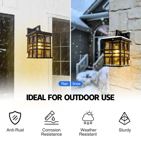 Weatherproof Outdoor Wall Sconce Lantern, 1 Light Black Exterior Fixture With Seeded Glass in rain and snow