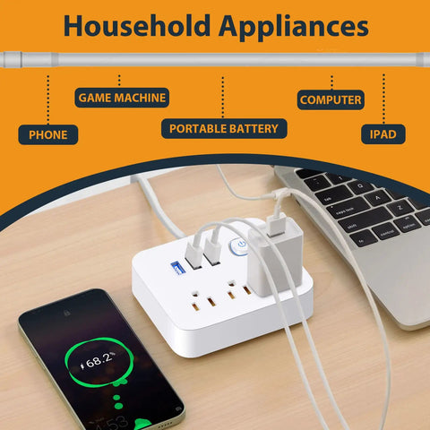 Power Strip With USB Ports And 3 Outlets Flat Plug Desktop Charging Station for Dorm Home Office Travel UL Listed 2000W 10A