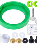 3 Inch Toilet Tank To Bowl Coupling Kit With Gasket Bolts Nuts Washers Wrench And Teflon Tape Easy DIY Repair Kit For Most 3 Inch Flush Valve Openings Includes Installation Instructions, laid out with components visible.