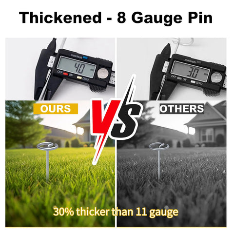 Image comparing Heavy Duty Six Inch 8 Gauge Galvanized Landscape Staples for Lawn and Garden showing thickness and turf use.