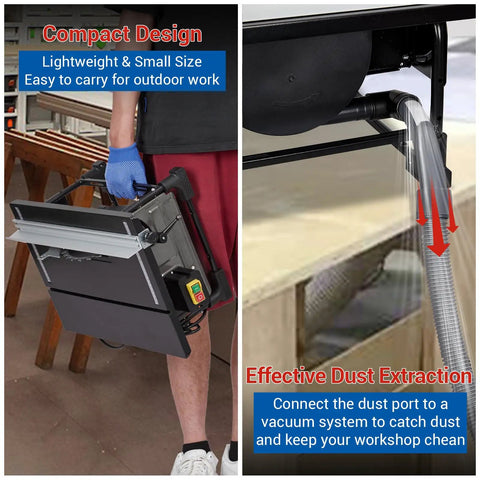 Compact Jobsite Table Saw With An 8 Inch 24 Tooth Blade Driven By A 6.7 Amp Pure Copper Motor, showing portable design and dust extraction.