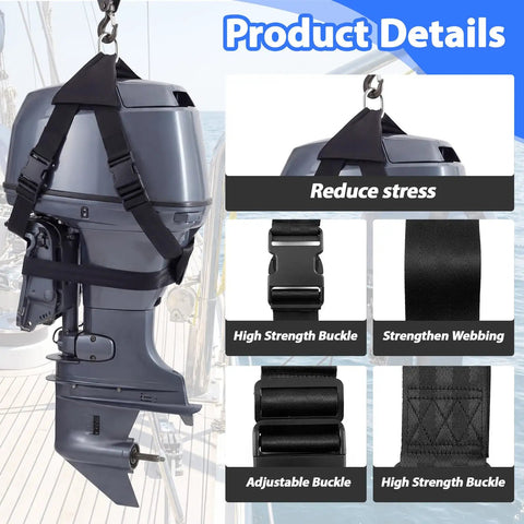 Outboard Motor Hoist Harness Set For 2-30 HP Engines Beefy Lift Straps With Durable Polyester Webbing Universal Tote with Buckles