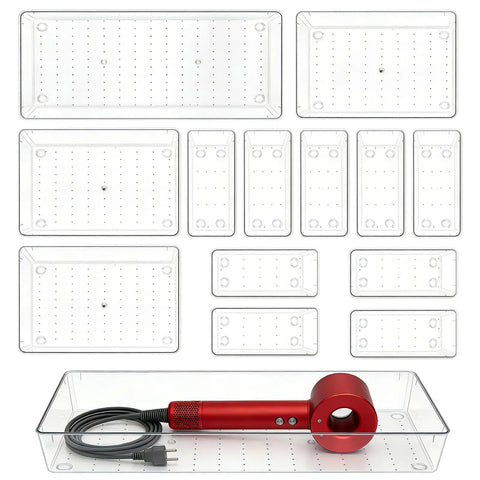 14 Pcs Clear Plastic Drawer Organizer Set With Two Extra Large 15X6 Trays shown with a red hairdryer in a tray