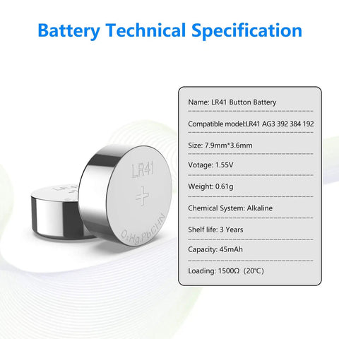Hassle Free High Capacity Alkaline Button Batteries 40 Pack Real Deal Fit For LR41 AG3 L736 392 384 192 Reliable 1.5V Coin Cells with technical specs.