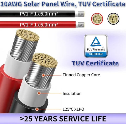 10AWG solar panel wire with tinned copper core, black/red XLPO insulation, 2x 50ft 10AWG Solar Panel Wire Kit for off-grid use
