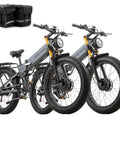 Heavy Duty Dual Motor Electric Bike For Adults With 5000W Peak Power And Awd, 42V Battery Delivering 90 Mile Range, 40Mph Top Speed On 26 Inch Fat Tires, Full Suspension And Hydraulic Brakes To Rip Through Any Trail with black storage bags.