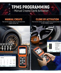 Pro Grade OBD2 Code Reader And Diag Tool With TPMS Learn Tool For Cars Trucks Vans showing manual create and clone activation features.