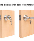 Front view of two door lock installations on wood: left round knob with key, right lever handle with key.