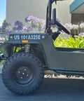 Side view of 200CC Off Road Go Kart for Adults with 10 inch tires and Army Green finish, parked outdoors.
