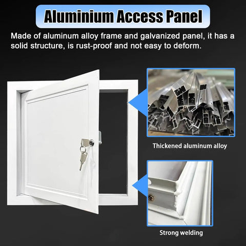 Heavy Duty Aluminum Attic Access Hatch Panel With Solid Lock And Key Smooth Flush Mount Ceiling Inspection Door open, showcasing quality.