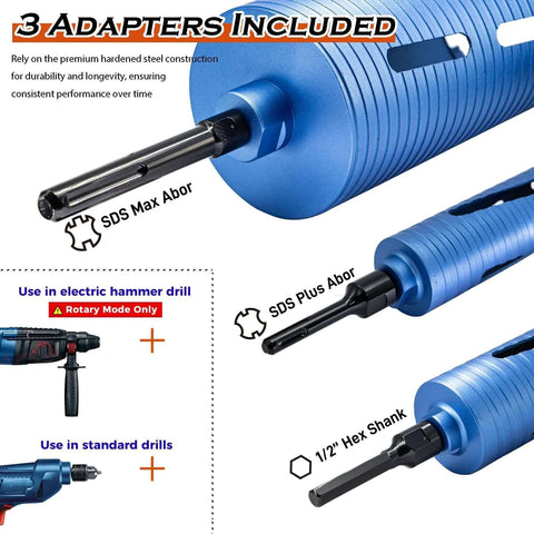 DaduoRi 2-inch dry core drill bit with three adapters (SDS Max/SDS Plus/1/2 in hex) in blue housing for masonry and concrete