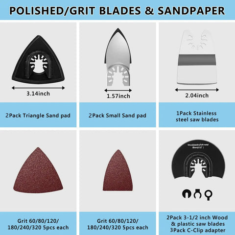 Oscillating Tool Blades Kit 98 Pcs With Sanding Pads And Sandpapers For Wood Metal Plastic Cutting And Grinding set overview