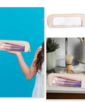 Stylish Beige PU Leather Travel Makeup Bag with transparent window holding brushes, shown in hand and on a counter, zipped closed.