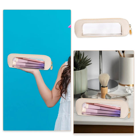 Stylish Beige PU Leather Travel Makeup Bag with transparent window holding brushes, shown in hand and on a counter, zipped closed.