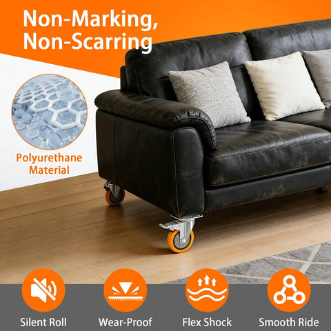 Top Shelf 4 Inch Caster Wheels With Brakes Set Of Four Heavy Duty Plate Casters built with polyurethane for silent rolling on furniture.