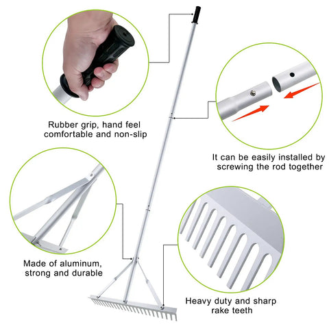 Diagram showing parts of 24 Inch Aluminum Landscape Rake Heavy Duty Garden Tool For Lawns And Soil Loosening Rustproof With Adjustable 3 Section Handle Ideal For Lawn Care Landscaping Garden Renovation Lake And Beach Cleanup