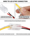 Easy Solderless LED Strip To Wire Connectors Kit showing connection process for 2 pin strip lights with 8 mm waterproof adapters