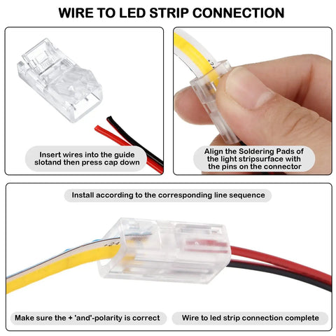 Easy Solderless LED Strip To Wire Connectors Kit showing connection process for 2 pin strip lights with 8 mm waterproof adapters