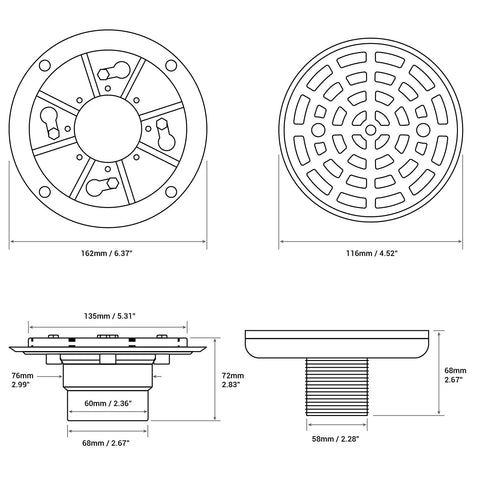 Technical diagram of Four And A Quarter Inch Round Shower Drain In Matte Black Stainless Steel With Included Drain Flange Kit