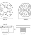 Technical diagram of 4-1/4 Inch Shower Drain in Brushed Gold Stainless Steel With Removable Quadrato Grate Includes Drain Flange Kit High Flow 20-25 L/min Durable 304 Stainless Easy Install For Modern Bathrooms No Ponding Boss Grade Quality