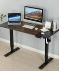 Rock Solid Electric Standing Desk That Kicks Into Gear Smooth As Butter For Home Office Gaming Ergonomic Sit Stand Table With 176 Pound Capacity Wobble Free Heavy Duty Steel Frame In Black Brown with computer setup.