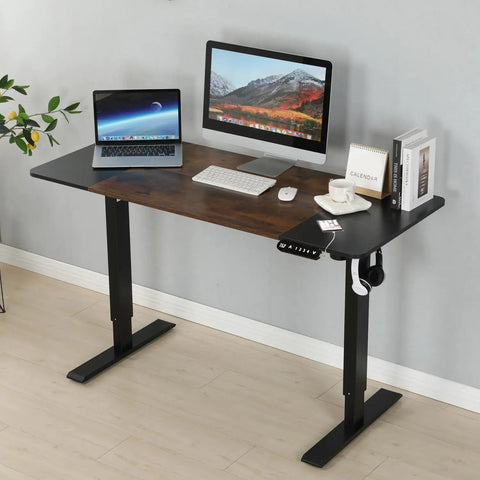 Rock Solid Electric Standing Desk That Kicks Into Gear Smooth As Butter For Home Office Gaming Ergonomic Sit Stand Table With 176 Pound Capacity Wobble Free Heavy Duty Steel Frame In Black Brown with computer setup.