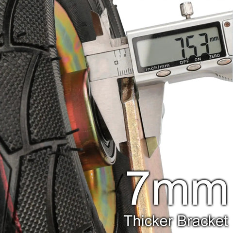 Close-up measurement of Heavy Duty Rubber Caster Wheels 8 Or 10 Inch shock absorbing pneumatic tires showing 7mm thicker bracket.