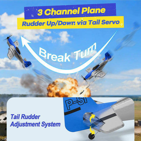 P51 Mustang RC Airplane For Beginners with tail rudder adjustment system displayed in flight simulation.