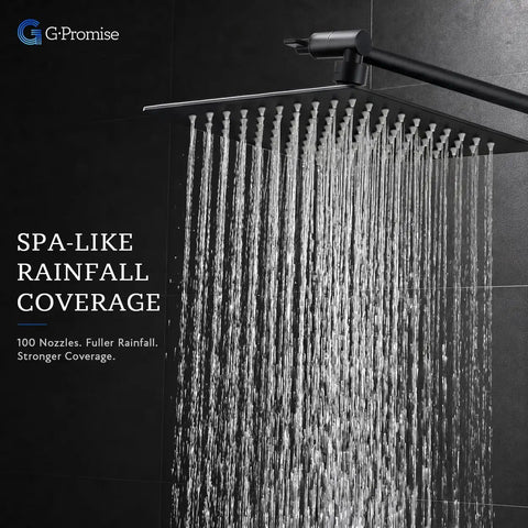 All Metal 8 Inch Dual Square Shower Head And Handheld Spray Combo With Rain Mode 71 Inch Hose 3 Way Diverter Adjustable Extension Arm Matte Black Bathroom Upgrade in use with water flowing.