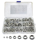 Stainless countersunk washer assortment in a transparent organizer box, front view, sizes #4–#16, 295pcs