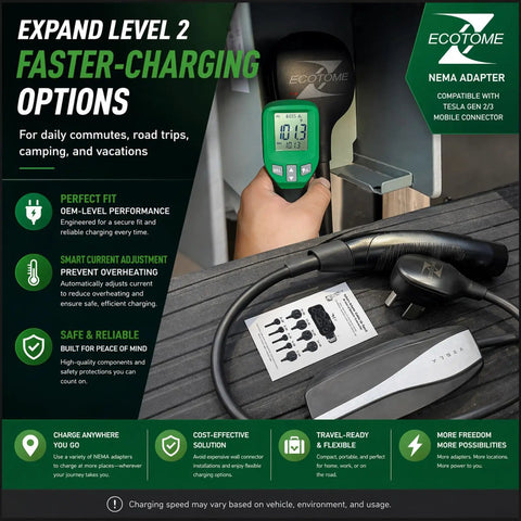 Nema 10 30 Adapter For Tesla Mobile Connector Gen 2 And Gen 3 Ev Cable shown with charging tools and specs for efficient charging.