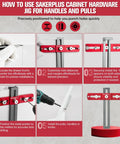 Cabinet Hardware Jig For Knobs And Handles Adjustable Drill Guide With Self Centering Locator Pro Grade Hole Spacing infographic