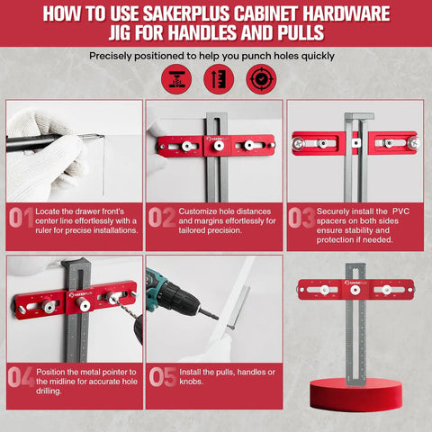 Cabinet Hardware Jig For Knobs And Handles Adjustable Drill Guide With Self Centering Locator Pro Grade Hole Spacing infographic