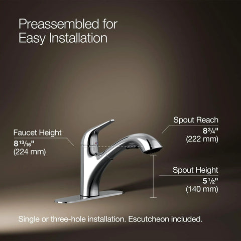 Jolt Pull-Out Kitchen Faucet With Two-Function Sprayhead, Touch Control, 1.5 GPM, Chrome Finish, dimensions labeled