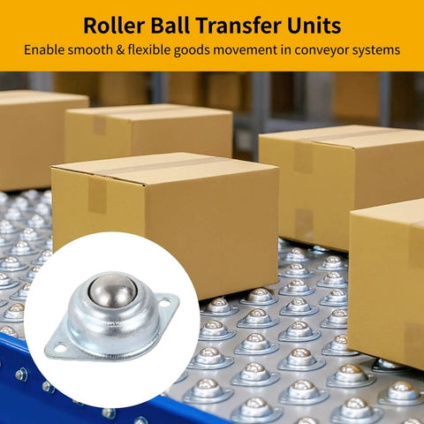 Heavy Duty 30 Piece 5/8 Inch Galvanized Steel Ball Transfer Units Offering 360 Degree Free Spin Smooth Operator Design on conveyor system.