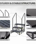 Heavy Duty Three Step Entry Platform Featuring Dual Safety Rails And Powder Coated Steel That Handles 660 Pounds Like A Champ While Delivering Rock Solid Stability And Rust Free Progress Across Every Camping Expedition, showing structure and features.
