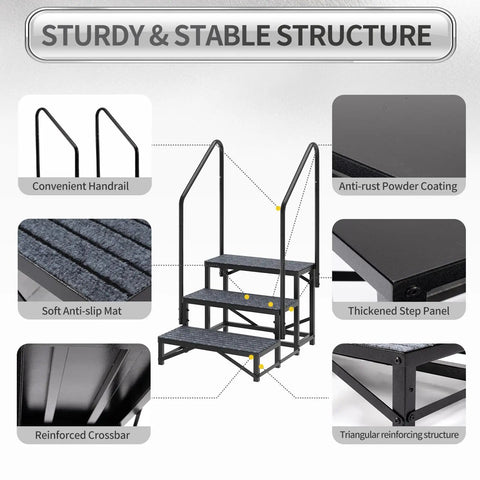 Heavy Duty Three Step Entry Platform Featuring Dual Safety Rails And Powder Coated Steel That Handles 660 Pounds Like A Champ While Delivering Rock Solid Stability And Rust Free Progress Across Every Camping Expedition, showing structure and features.