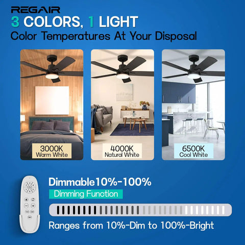 Dimmable 42 Inch White Ceiling Fan With Integrated Led Light And Smart Remote Dead Quiet Dc Motor three color temperatures displayed.