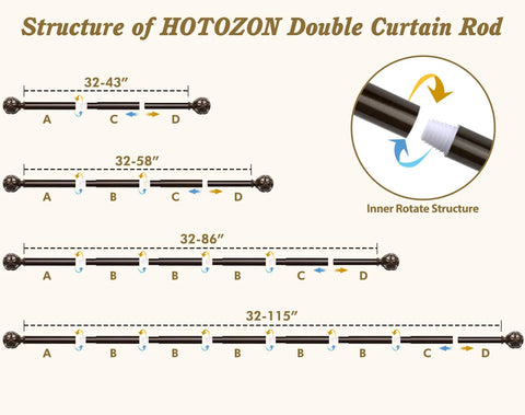 Diagram showing the structure of HOTOZON double curtain rod with inner rotate feature and extension measurements.