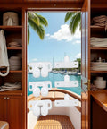 Super Secure 4 Pack White Marine Boat Ball Catch Roller Latch Spring Back Plates For Cabinet Doors And Cupboards showing installed latches on a boat door.