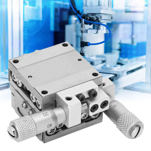 Manual XY Linear Sliding Table With Cross Roller Stage in stainless steel, 30x30 mm, micrometer adjustment, for precision equipment and optical alignment.
