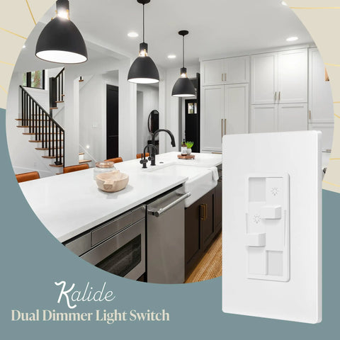 Modern kitchen with white cabinets and a Dual Load Dimmer Switch For Two Lights With Independent One Pole Dimming No Neutral Required