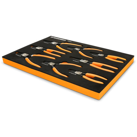 Eight Piece Fixed Joint Internal External Snap Ring Pliers Set With Conical Tips For Secure Grip Quick Switch From Internal To External Circlips Includes Built Tough Foam Tray For Easy Storage And Organization in foam tray