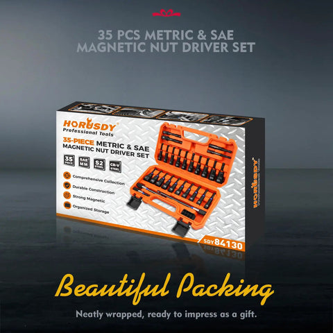 35 Piece Magnetic Nut Driver Set With One Quarter Inch Hex Shank Quick Release Extensions And Impact Socket Adapters packaging