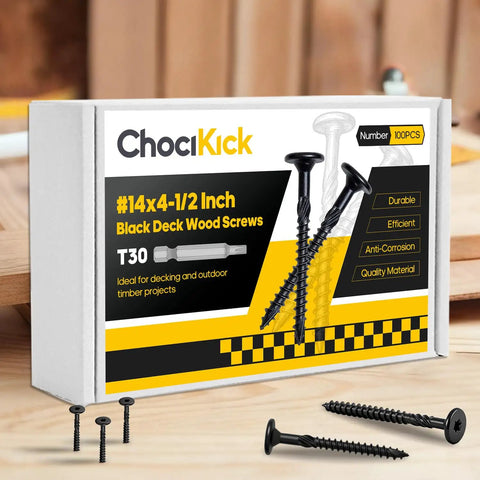 Badass Black Lag Screws Size 14 X 4 1 2 Inch Star Drive Heavy Duty Structural Wood Fasteners For Exterior Timber Framing Rust Resistant Finish With T30 Bit Included For Rock Solid Builds, pack display with screws and drive bit.