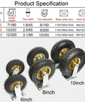 Heavy Duty Silent Swivel Caster Wheels 6 8 10 Inch Elastic Rubber Tires showing specifications for tire size and mounting plates.