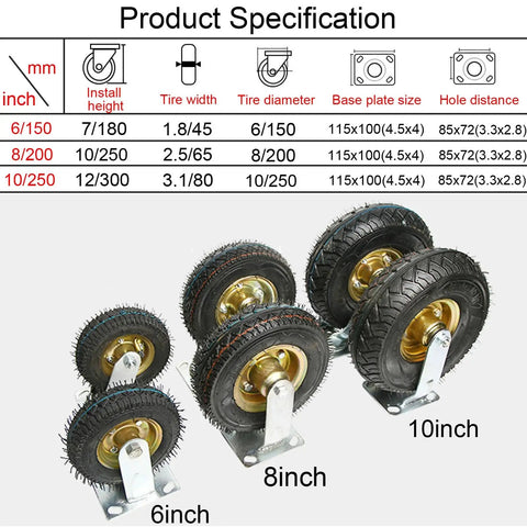 Heavy Duty Silent Swivel Caster Wheels 6 8 10 Inch Elastic Rubber Tires showing specifications for tire size and mounting plates.