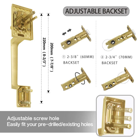 Satin Brass Entry Door Handle Set With Square Backplate, Single Cylinder Deadbolt, adjustable latch for 60/70mm backset