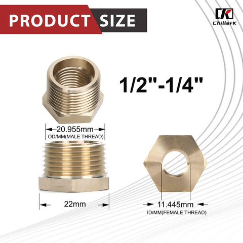 Brass 1/2 in NPT male to 1/4 in NPT female reducing pipe fitting, hex body, pack of 5, front view