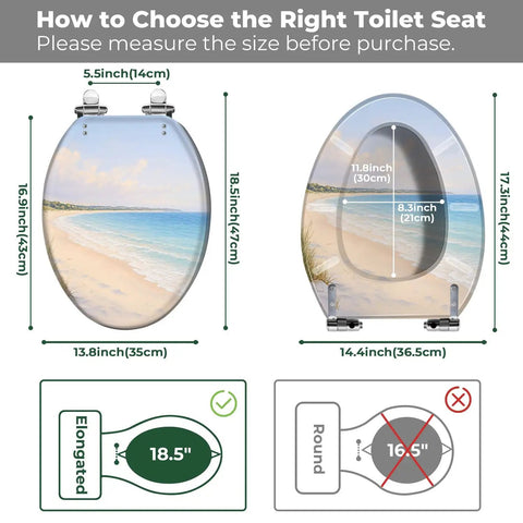 Elongated Toilet Seat Replacement for Bathroom Use dimensions guide, showing sizes 18.5 inches and 14.4 inches for fitting.